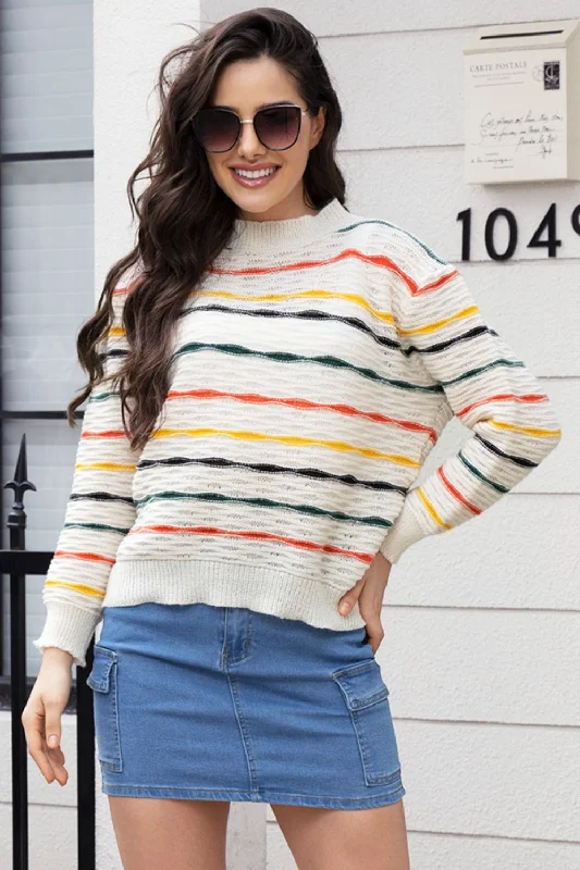 Floral Print Women Sweater for a Feminine AppealStriped Round Neck Long Sleeve Sweater