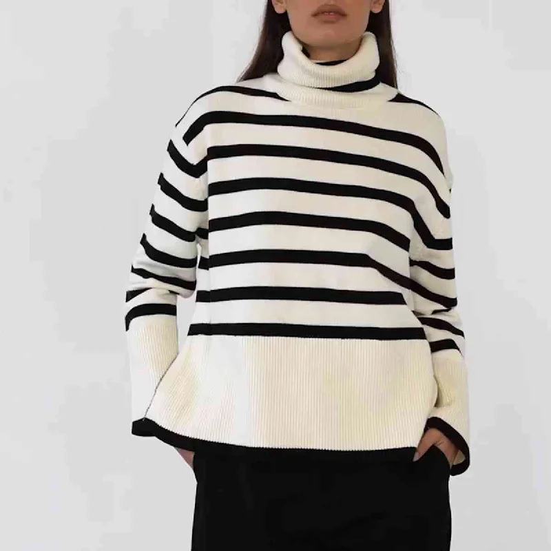 Button - Down Women Sweater for a Versatile LookGalilea Striped Turtleneck Flare Sleeve Sweater