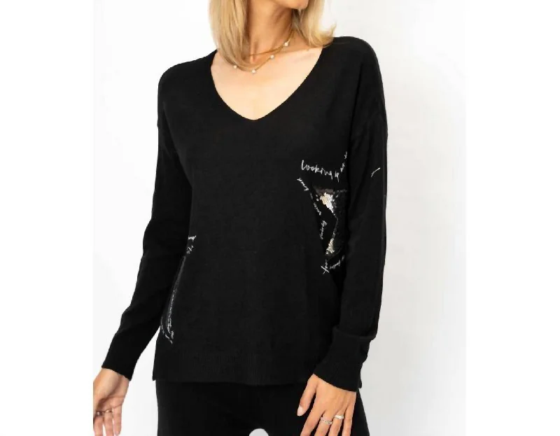 Sequin - Embellished Women Sweater for Special OccasionsSweater With Silver Sequin Stars In Black