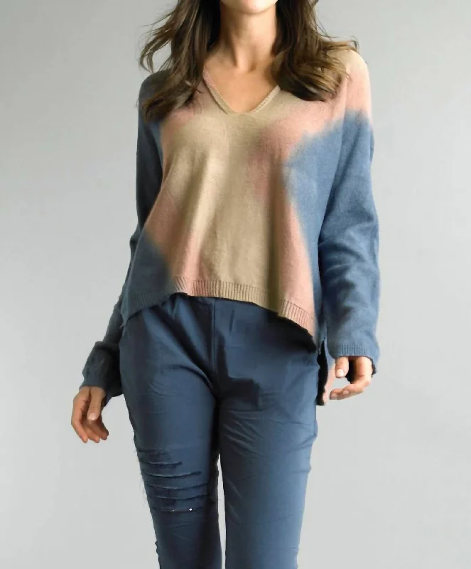 Mock - Neck Women Sweater for a Modern TwistTie Dye High Low Sweater In Denim/khaki