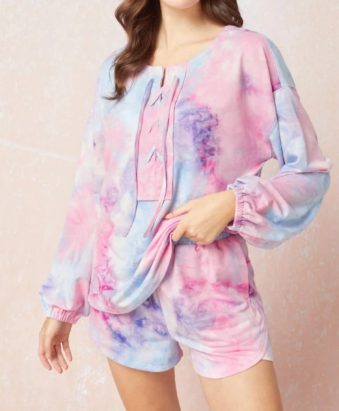 V - Neck Women Sweater to Elongate the NecklineTie Dye Long Sleeve Top In Pink/blue