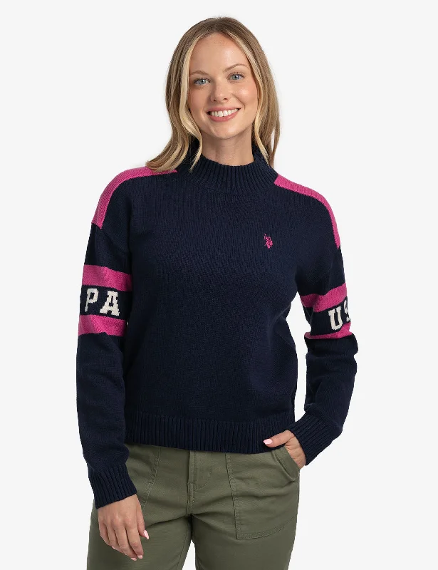 Cropped Women Sweater to Pair with High - Waisted BottomsUSPA FOOTBALL MOCK NECK SWEATER