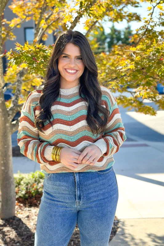 Plus - Size Women Sweater with a Flattering FitRust and Mocha Wavy Striped Sweater