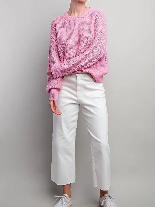 Cropped Women Sweater to Pair with High - Waisted BottomsWomen's Jewel Crochet Knit Sweater In Bubble Pink