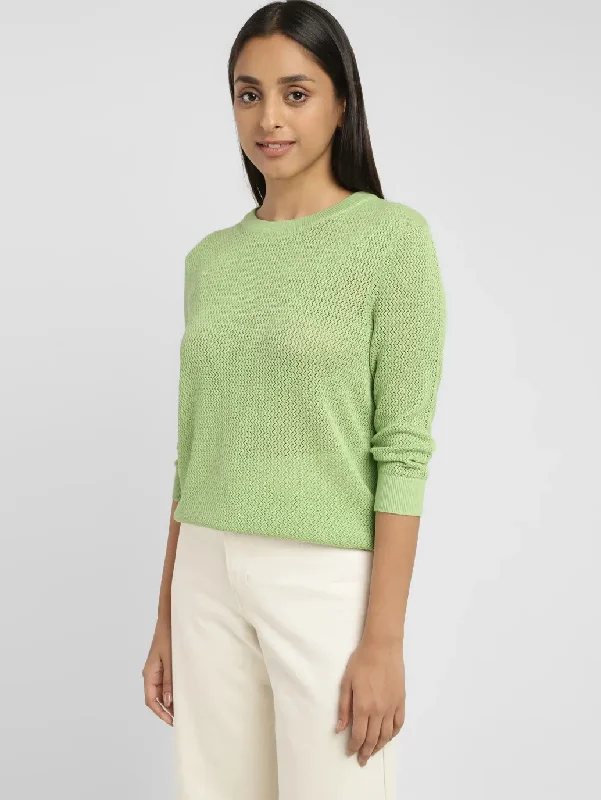 Cropped Women Sweater to Pair with High - Waisted BottomsWomen's Self Design Green Crew Neck Sweater