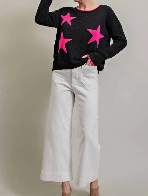 Plus - Size Women Sweater with a Flattering FitWomen's Sweater With Hot Pink Stars In Black