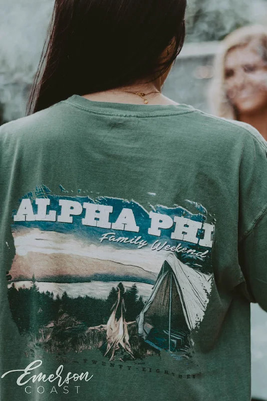 Distressed Women T Shirt with a Laid - Back AestheticAlpha Phi Outdoors Family Weekend Tee