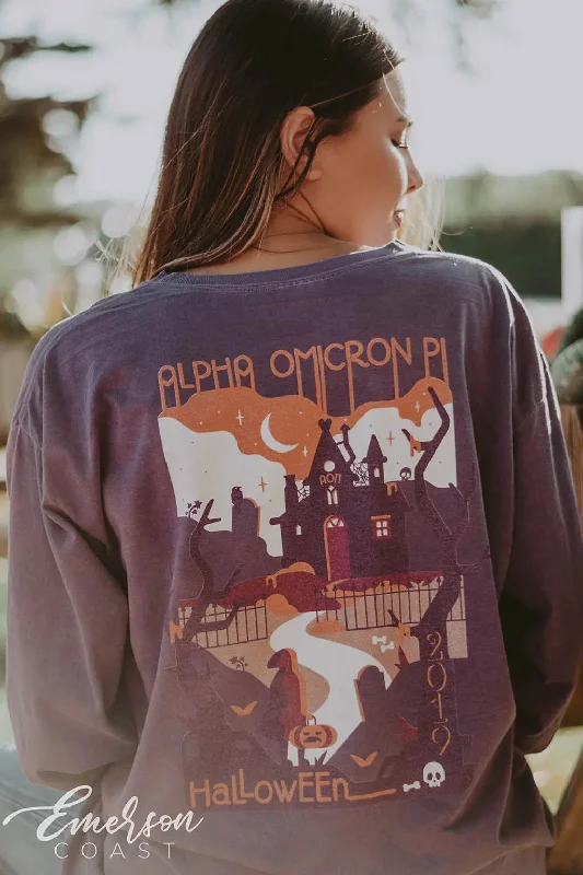 Distressed Women T Shirt with a Laid - Back AestheticAOII Halloween Party Long Sleeve Tee