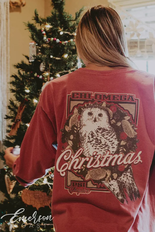 Long Sleeve Women T Shirt for Cooler WeatherChi O Owl Christmas Long Sleeve Tee