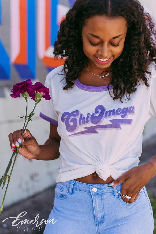 Distressed Women T Shirt with a Laid - Back AestheticChi Omega Lightning Ringer PR Tee