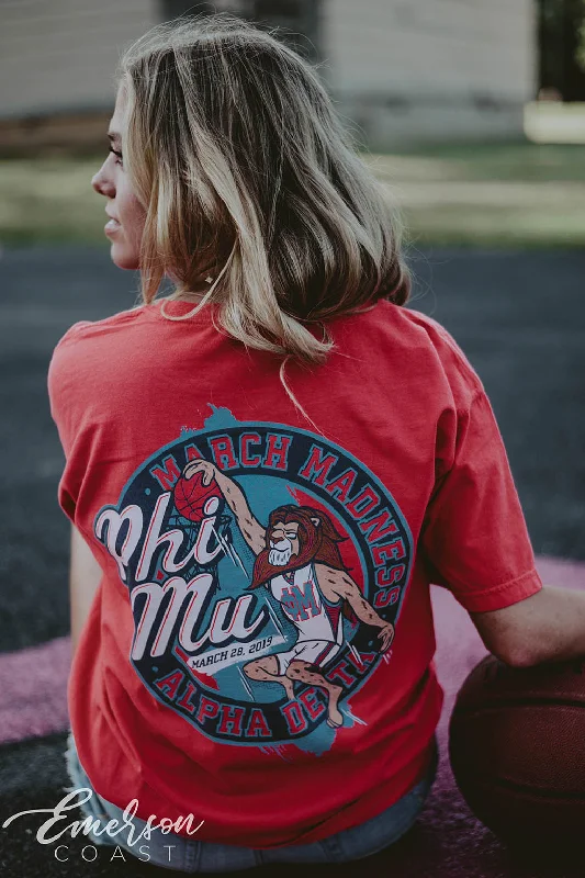 Distressed Women T Shirt with a Laid - Back AestheticPhi Mu March Madness Tee