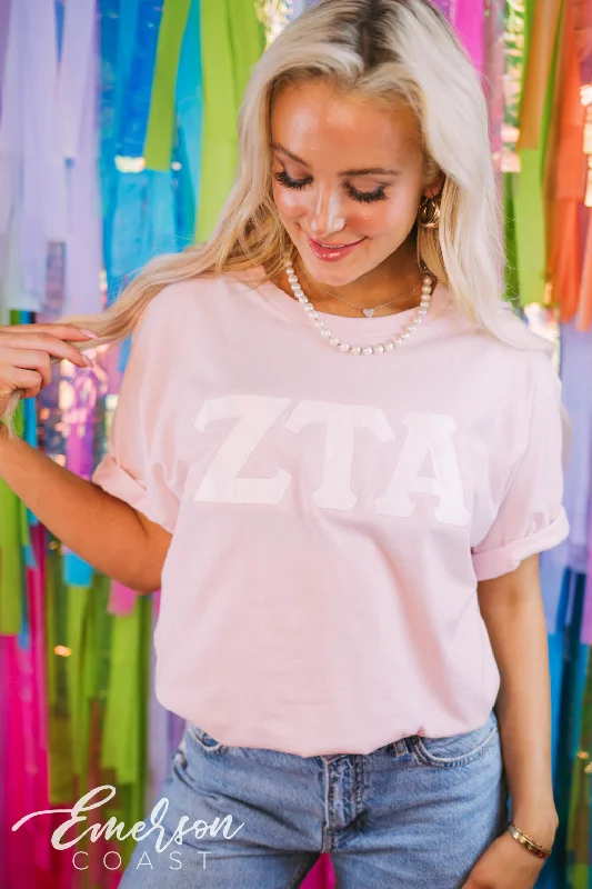 Tie - Dye Women T Shirt with a Bohemian VibeZeta Light Pink Applique Letter Tee