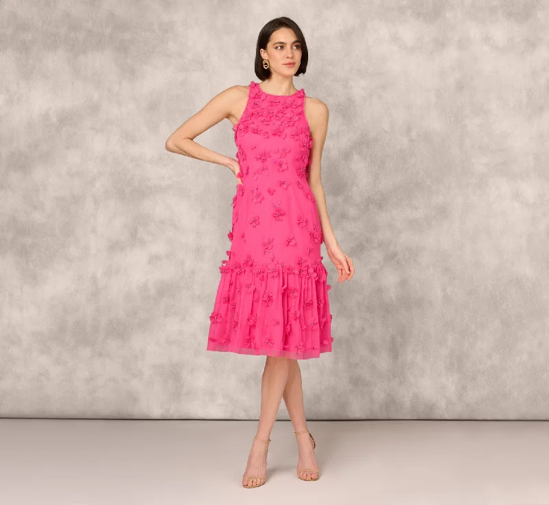 Backless Women Dress for a Sexy and Alluring Look at Evening EventsBackless Women Dress for a Sexy and Alluring Look at Evening Events3D Floral And Bead Embellished Midi Dress With Flounce Skirt In Electric Pink