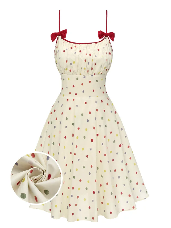 Ruffled Women Dress with Multiple Layers for a Playful and Girly StyleRuffled Women Dress with Multiple Layers for a Playful and Girly StyleBeige 1950s Polka Dots Bow Straps Dress