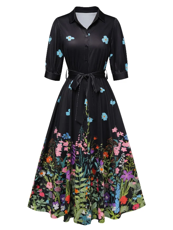 Long - Sleeve Women Dress in Velvet for a Luxurious Winter LookLong - Sleeve Women Dress in Velvet for a Luxurious Winter LookBlack 1940s Floral Shirt Neck Belt Dress