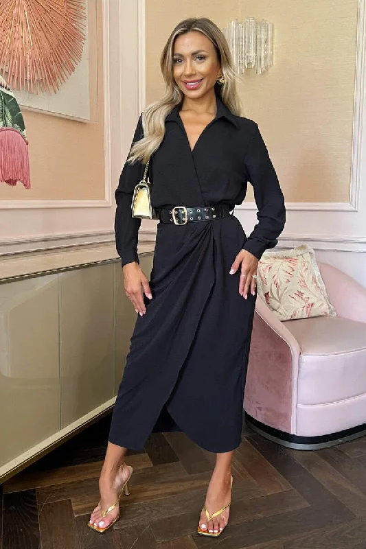 Plus Size Women Dress with a Flattering A - Line Cut for Comfort and StylePlus Size Women Dress with a Flattering A - Line Cut for Comfort and StyleBlack Belted Wrap Midi Shirt Dress