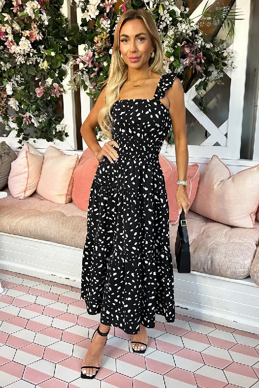 Pleated Women Dress with a Timeless and Elegant TexturePleated Women Dress with a Timeless and Elegant TextureBlack Printed Frill Strap Midi Dress