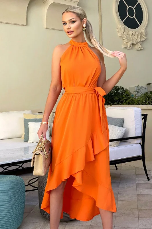 Pleated Women Dress with a Timeless and Elegant TexturePleated Women Dress with a Timeless and Elegant TextureBlood Orange Halterneck Dipped Hem Midi Dress