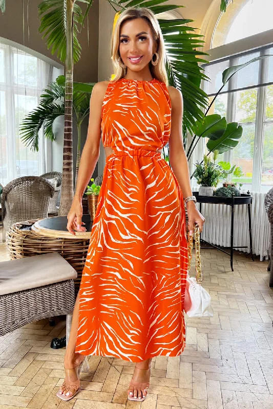 Mermaid - Style Women Dress with a Fitted Silhouette for Special OccasionsMermaid - Style Women Dress with a Fitted Silhouette for Special OccasionsBlood Orange Printed Cut Out Midi Dress