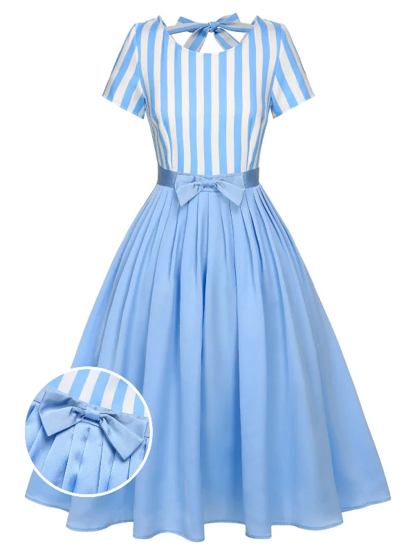 Pleated Women Dress with a Timeless and Elegant TexturePleated Women Dress with a Timeless and Elegant TextureBlue 1940s Boat Neck Stripes Bow Dress