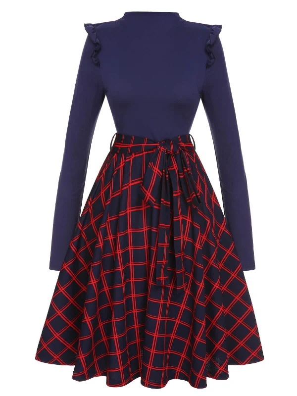 Pleated Women Dress with a Timeless and Elegant TexturePleated Women Dress with a Timeless and Elegant TextureBlue 1950s Long Sleeve Plaid Dress