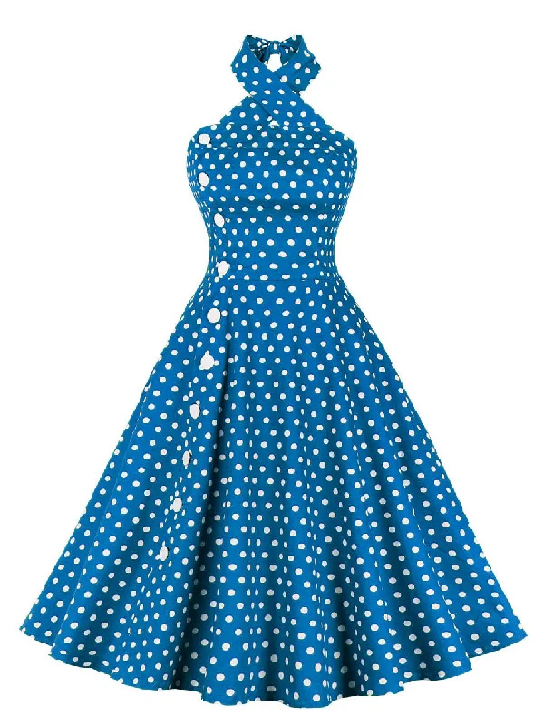 Plus Size Women Dress with a Flattering A - Line Cut for Comfort and StylePlus Size Women Dress with a Flattering A - Line Cut for Comfort and StyleBlue 1950s Polka Dot Halter Dress