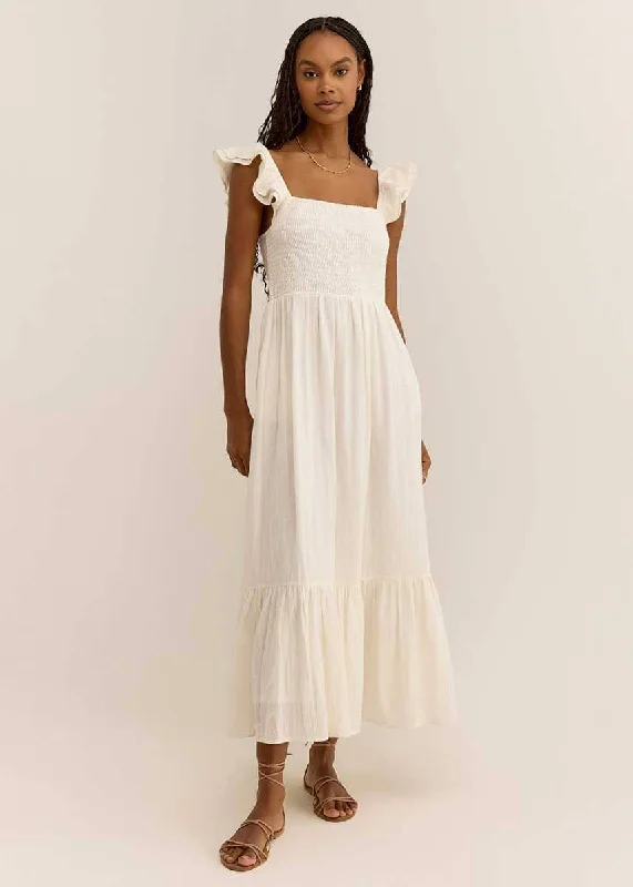 Ruffled Women Dress with Multiple Layers for a Playful and Girly StyleRuffled Women Dress with Multiple Layers for a Playful and Girly StyleCalypso Midi Dress - Off White