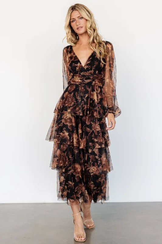 Ruffled Women Dress with Multiple Layers for a Playful and Girly StyleRuffled Women Dress with Multiple Layers for a Playful and Girly StyleCarolina Tulle Tiered Maxi Dress | Caramel Floral