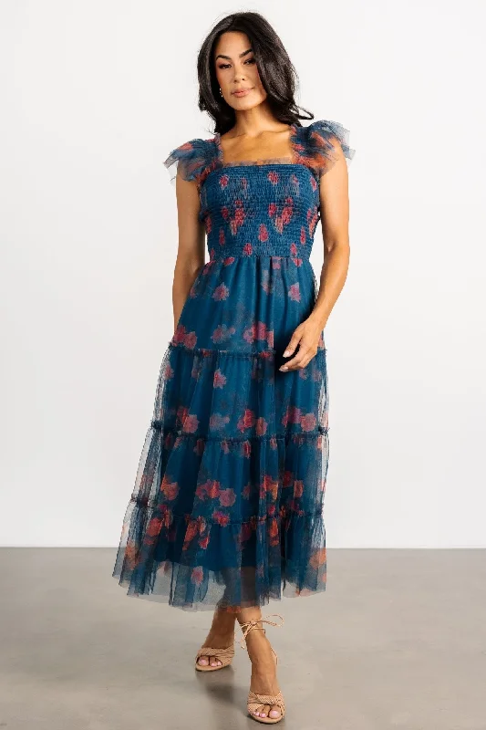 Empire Waist Women Dress to Accentuate the Bust and Conceal the WaistEmpire Waist Women Dress to Accentuate the Bust and Conceal the WaistClementine Tulle Midi Dress | Persian Blue + Rust