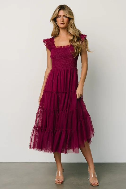 Ruffled Women Dress with Multiple Layers for a Playful and Girly StyleRuffled Women Dress with Multiple Layers for a Playful and Girly StyleEmma Smocked Tulle Dress | Boysenberry