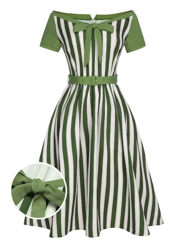 Off - the - Shoulder Women Dress for a Romantic and Feminine LookOff - the - Shoulder Women Dress for a Romantic and Feminine LookGreen 1940s Off-Shoulder Stripes Bow Belted Dress