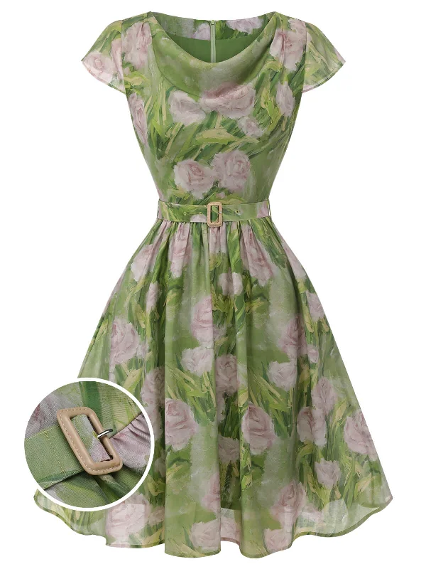 Pleated Women Dress with a Timeless and Elegant TexturePleated Women Dress with a Timeless and Elegant TextureGreen 1960s Oil-Painting Rose Dress