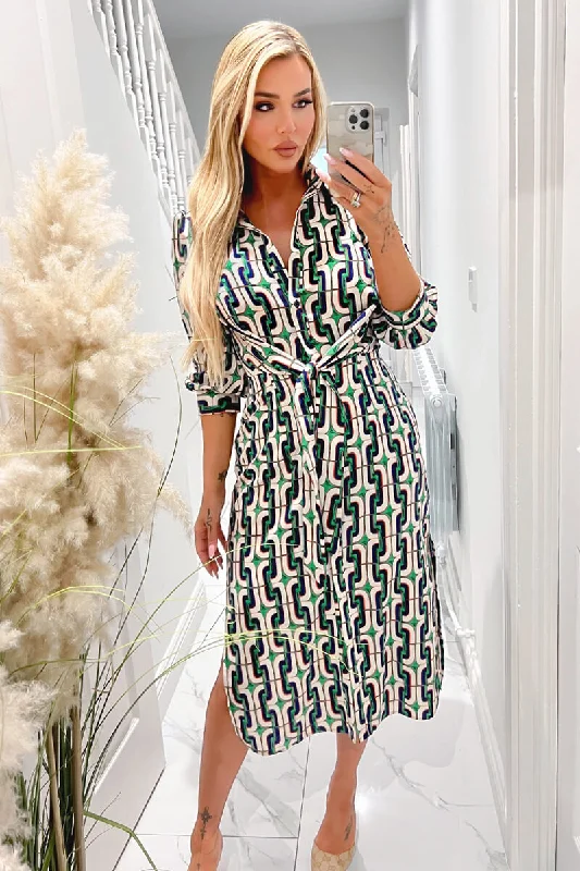 Lace - Embellished Women Dress for an Elegant and Sophisticated AppearanceLace - Embellished Women Dress for an Elegant and Sophisticated AppearanceGreen And Blue Geometric Multi Printed  3/4 Cuffed Sleeve Wrap Tie Midi Dress