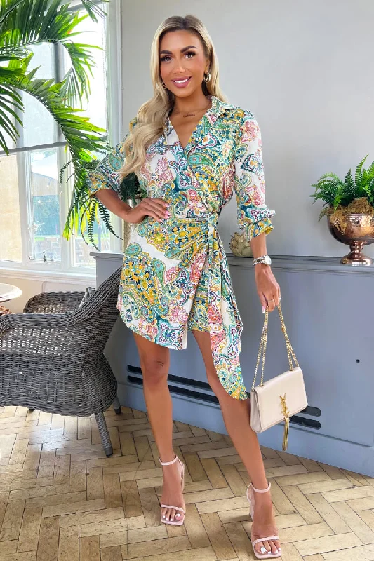 Ruffled Women Dress with Multiple Layers for a Playful and Girly StyleRuffled Women Dress with Multiple Layers for a Playful and Girly StyleGreen Paisley Multi Printed 3/4 Sleeve Wrap Tie Mini Dress