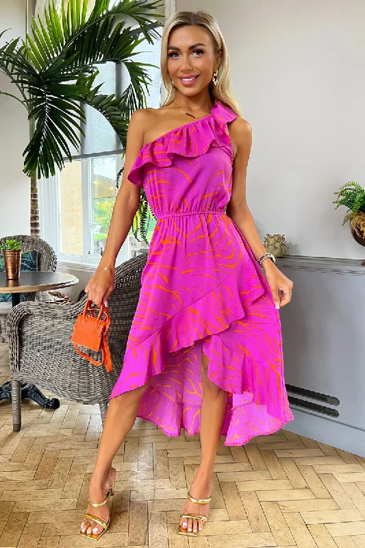 Wrap - Style Women Dress with Adjustable Fit for All Body TypesWrap - Style Women Dress with Adjustable Fit for All Body TypesHot Pink Printed One Shoulder Frill Detail Dipped Hem Dress