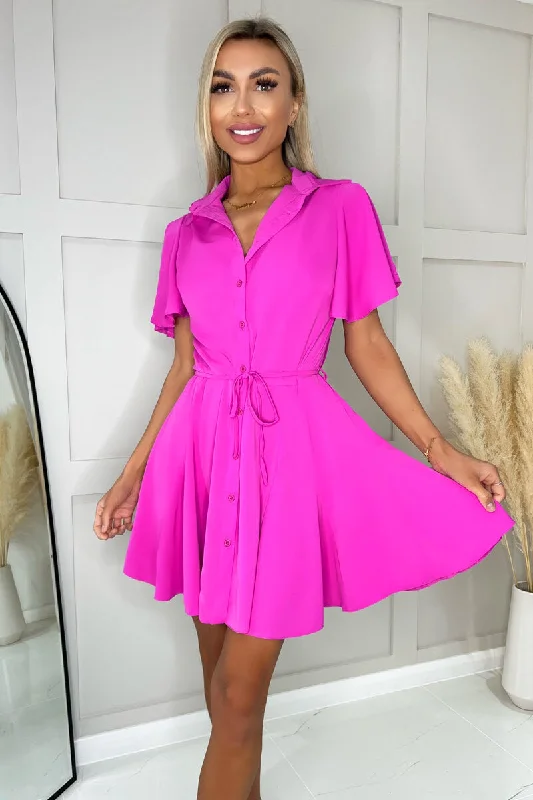 Halter Neck Women Dress to Show Off the Shoulders and NecklineHalter Neck Women Dress to Show Off the Shoulders and NecklineHot Pink Short Sleeve Belted Skater Dress