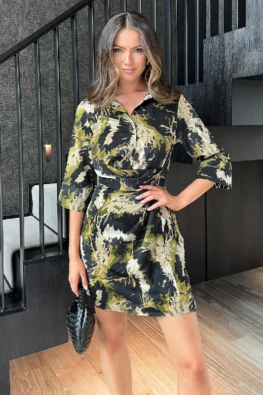 Off - the - Shoulder Women Dress for a Romantic and Feminine LookOff - the - Shoulder Women Dress for a Romantic and Feminine LookKhaki Smudge Print 3/4 Sleeve Gathered Waist Mini Shirt Dress