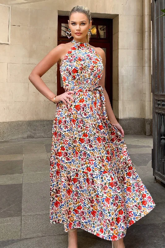 Ball Gown Women Dress with a Full Skirt for a Princess - like LookBall Gown Women Dress with a Full Skirt for a Princess - like LookMulti Floral Print High Neck Tie Belt Midi Dress