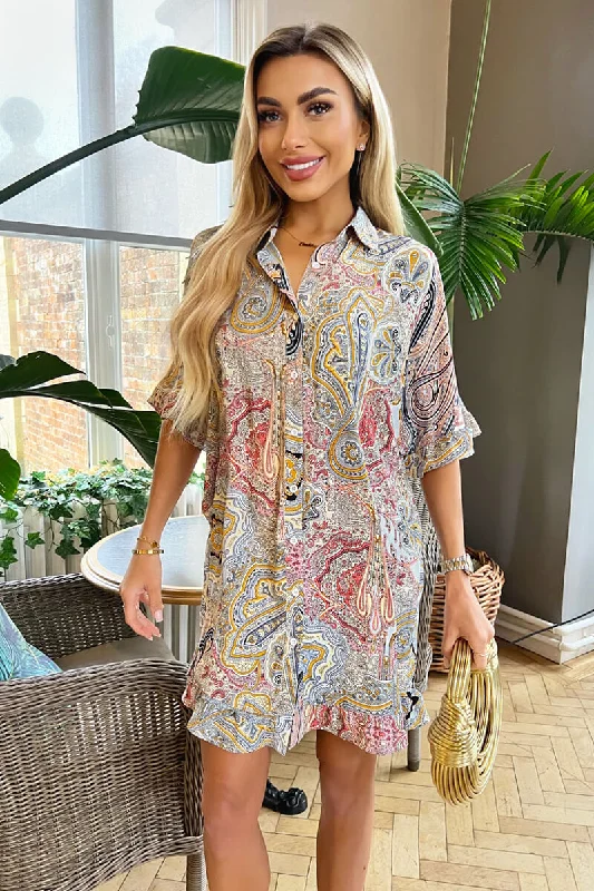 Long - Sleeve Women Dress in Velvet for a Luxurious Winter LookLong - Sleeve Women Dress in Velvet for a Luxurious Winter LookMulti Paisley Printed Frill Hem Shirt Mini Dress