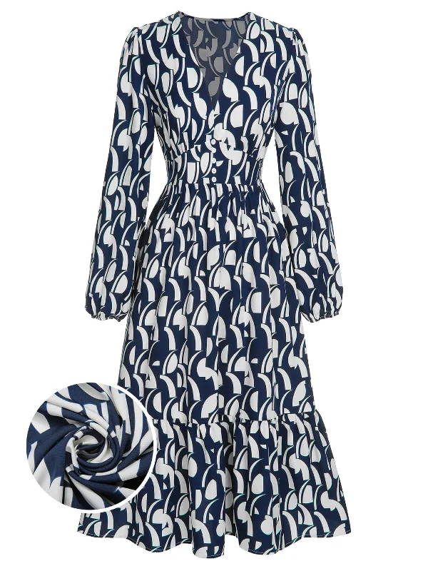 Shift Women Dress with a Simple and Classic Design for Everyday WearShift Women Dress with a Simple and Classic Design for Everyday WearNavy Blue 1930s Geometric Printed V-Neck Dress