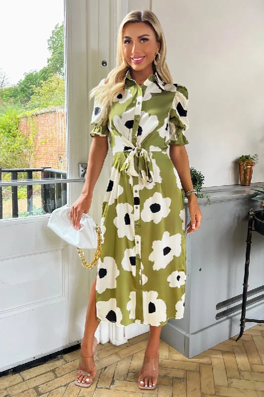 Printed Abstract Women Dress for a Modern and Artistic AppealPrinted Abstract Women Dress for a Modern and Artistic AppealOlive Bold Floral Print Midi Shirt Dress