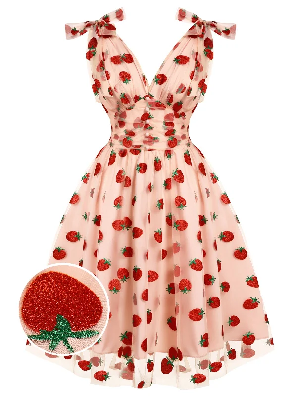 Mini Women Dress with a Short Hem for a Young and Trendy StyleMini Women Dress with a Short Hem for a Young and Trendy StylePink 1950s Strawberry Mesh Swing Dress