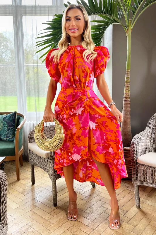 Sleeveless Women Dress in Bright Colors for Summer PartiesSleeveless Women Dress in Bright Colors for Summer PartiesPink And Orange Floral Printed Short Puff Sleeve Gathered Side Midi Dress