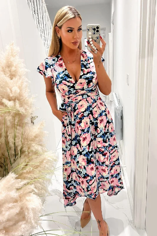 Sleeveless Women Dress in Bright Colors for Summer PartiesSleeveless Women Dress in Bright Colors for Summer PartiesPink Floral Print Short Sleeve Belted Wrap Midi Dress