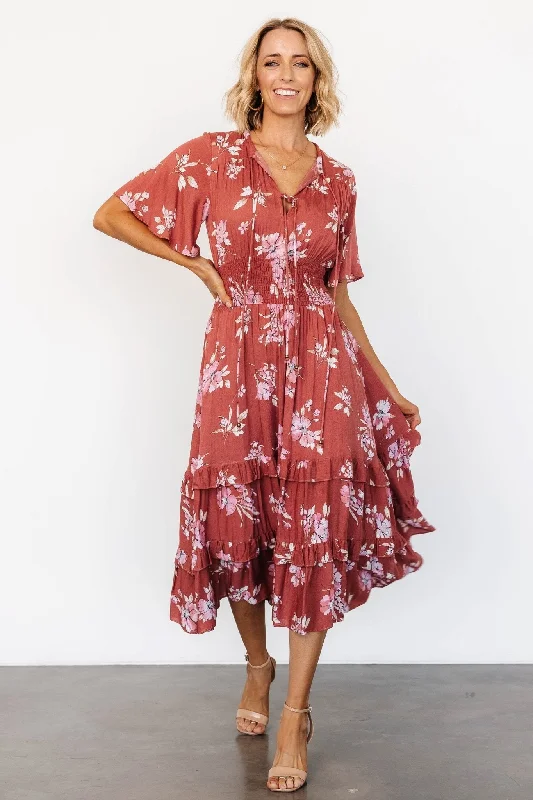 Ruffled Women Dress with Multiple Layers for a Playful and Girly StyleRuffled Women Dress with Multiple Layers for a Playful and Girly StyleSpell Boho Midi Dress | Terracotta Floral