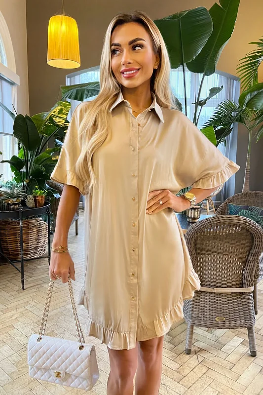 Lace - Embellished Women Dress for an Elegant and Sophisticated AppearanceLace - Embellished Women Dress for an Elegant and Sophisticated AppearanceStone Frill Detail Gold Button Front Shirt Dress