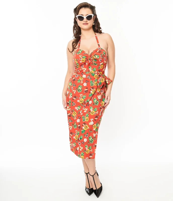 Plus Size Women Dress with a Flattering A - Line Cut for Comfort and StylePlus Size Women Dress with a Flattering A - Line Cut for Comfort and StyleUnique Vintage 1950s Rust & June-O-Ween Fruit Print Leilani Sarong Dress