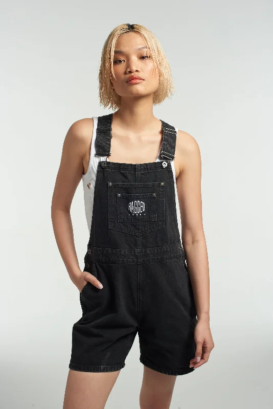 Button - fly women jeans with a traditional touchRagged Black Dungaree Shorts