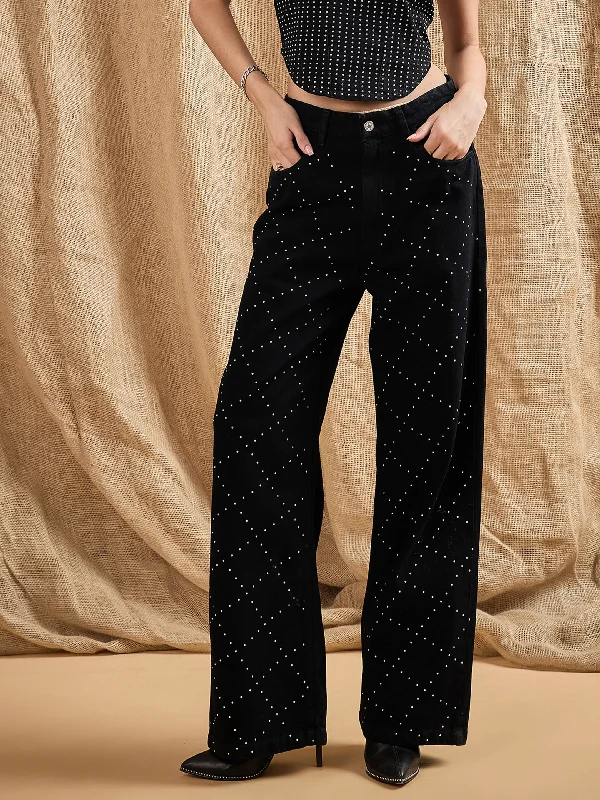 Wide - leg women jeans for a modern and relaxed vibeWomen Black Stud Work Straight Fit Jeans