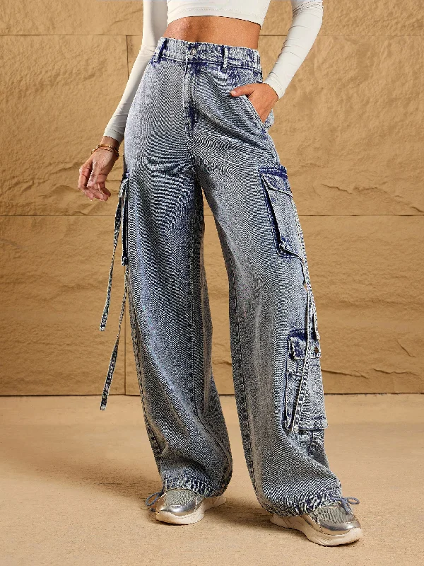 Ripped women jeans for a rebellious and fashion - forward styleWomen Blue Acid Wash Side Pockets Cargo Jeans